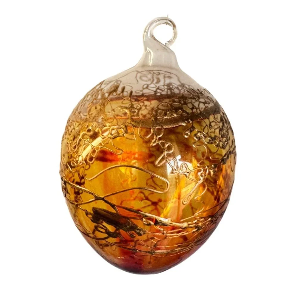 Amber Blown Glass Ornament Gold Gilded Design Art Glass 3" - Picture 3 of 7